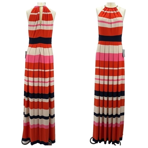 NEW ELIZA J Striped Pleated Halter Maxi Dress Gold Choker Closure Size 10 - Picture 15 of 15